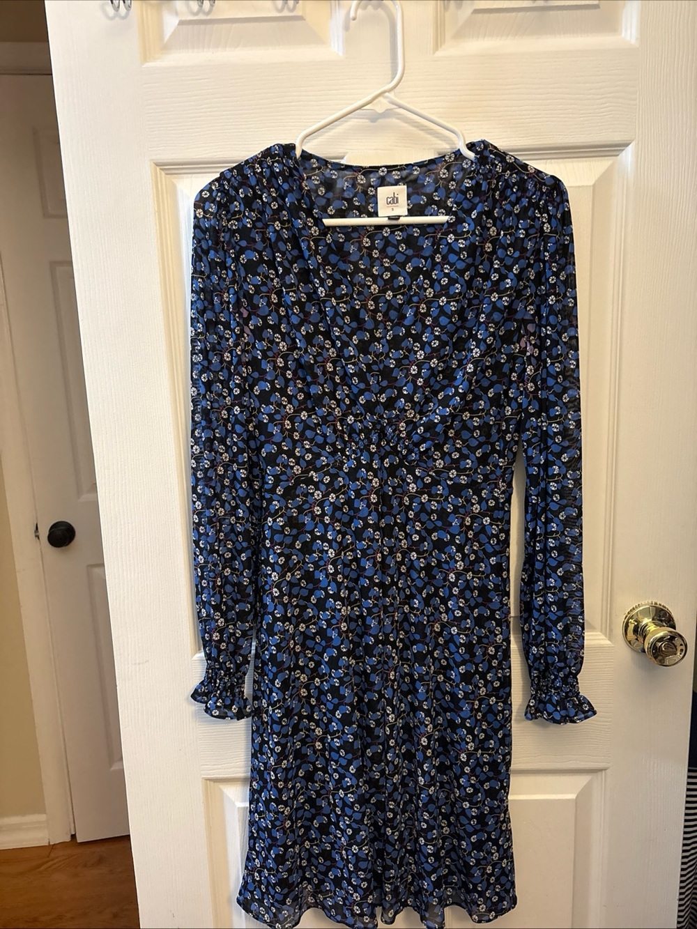 CAbi Blue Floral Long-Sleeve V-Neck Dress